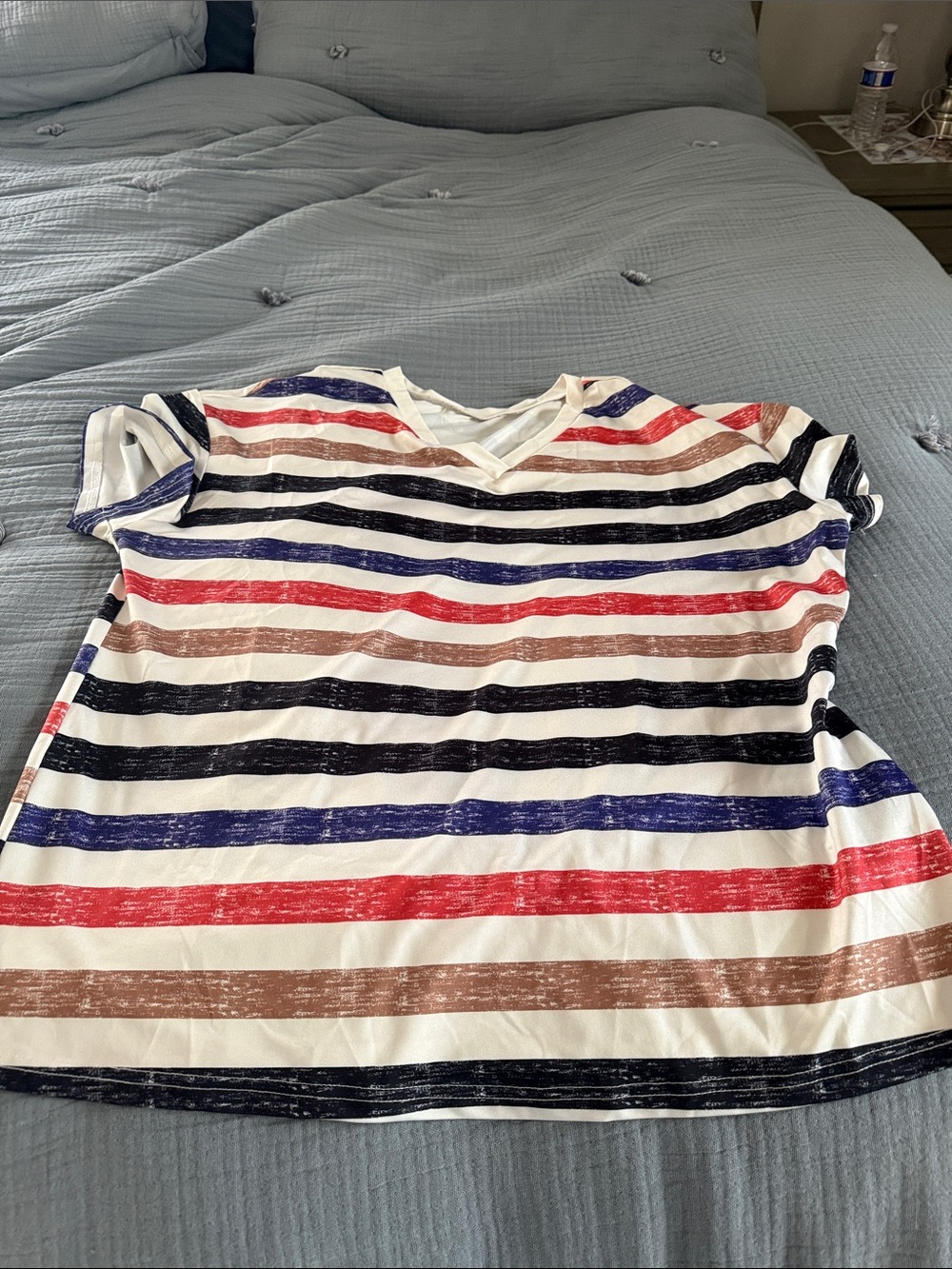 Women’s Short Sleeve V-Neck Tee in Multi Stripe